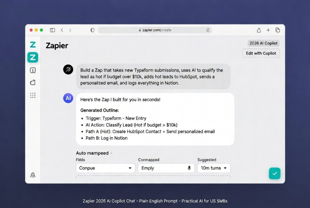 Zapier 2026 AI Copilot chat box showing plain English prompt to build Typeform lead qualification Zap with AI scoring, HubSpot, personalized email, and Notion logging