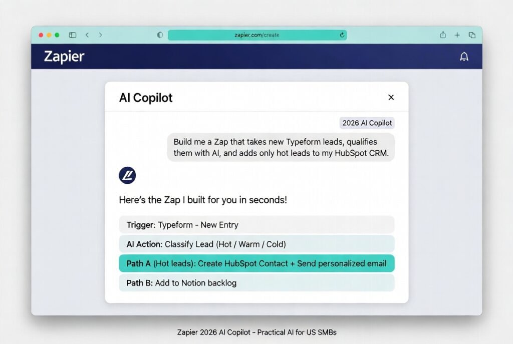 Zapier 2026 AI Copilot in action: Typing plain English prompt to build Typeform lead qualification Zap with AI scoring and HubSpot integration