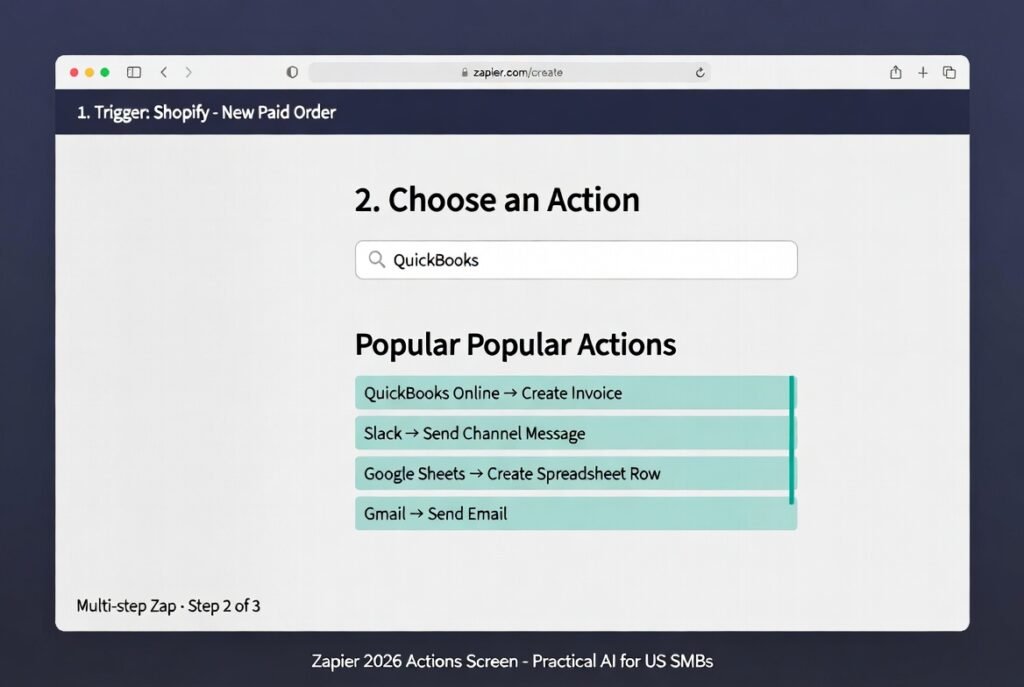 Zapier 2026 Action selection screen showing QuickBooks Create Invoice, Slack Send Message, Google Sheets Add Row, and Gmail Send Email examples
