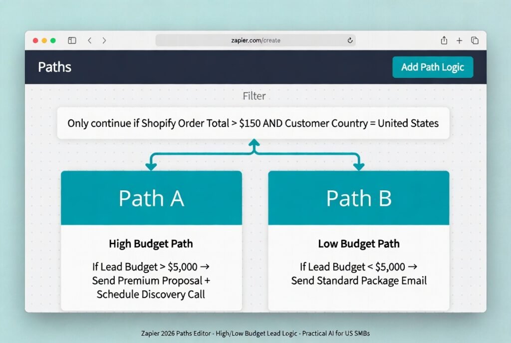 Zapier 2026 Paths editor showing filter for Shopify order total 150 and customer in US with two branches High budget 5000 → premium proposal and Low budget