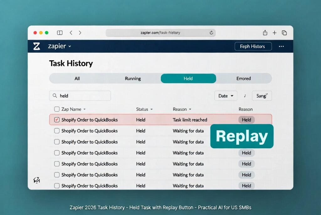 Zapier 2026 Task History page showing a "Held" task with Replay button highlighted – common fix for task limit or waiting issues
