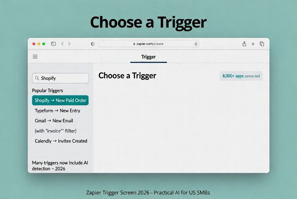 Zapier 2026 Trigger selection screen showing New Paid Order in Shopify, New Typeform Entry, Gmail invoice email, and Calendly booking examples