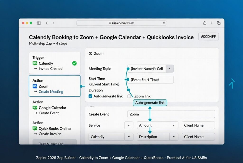 Zapier 2026 multi-step Zap builder showing Calendly Invitee Created trigger connected to Zoom Create Meeting, Google Calendar event with Zoom link, and QuickBooks invoice creation