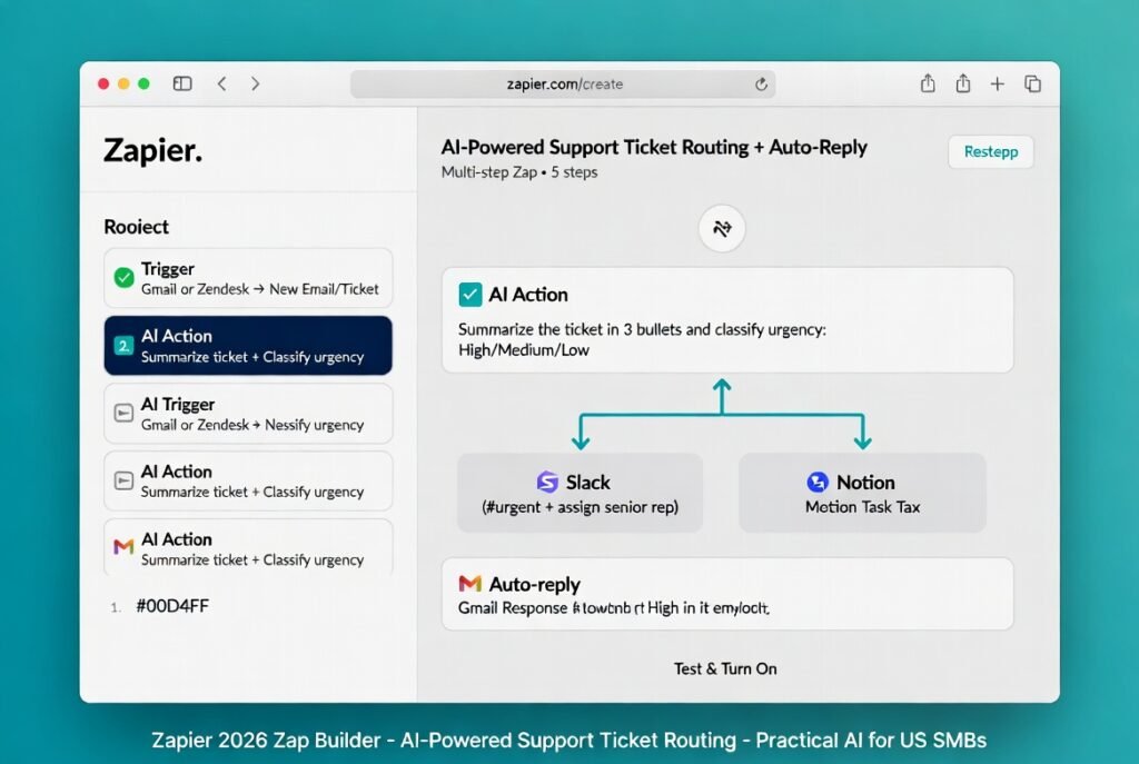 Zapier 2026 multi-step Zap builder showing Gmail/Zendesk new ticket trigger, AI Action to summarize + classify urgency, conditional Paths to Slack urgent channel or Notion task, and AI auto-reply