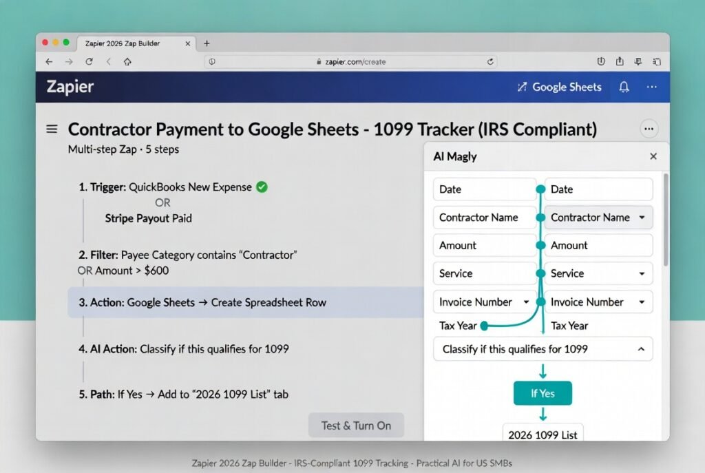 Zapier 2026 multi-step Zap builder showing QuickBooks OR Stripe trigger with filter, Google Sheets row creation for 1099 tracking, AI classification, and conditional path to 2026 1099 List tab (IRS compliant)