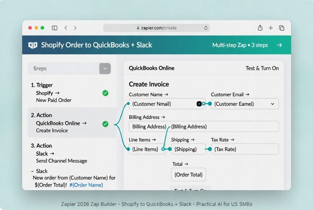 Zapier 2026 multi-step Zap builder showing Shopify New Paid Order trigger connected to QuickBooks Create Invoice with full field mapping and Slack notification step