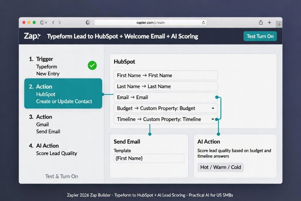 Zapier 2026 multi-step Zap builder showing Typeform New Entry trigger connected to HubSpot Create or Update Contact with field mapping, Gmail welcome email, and AI lead scoring action