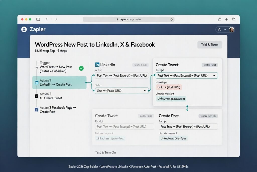 Zapier 2026 multi-step Zap builder showing WordPress New Post trigger connected to LinkedIn Create Post, X Create Tweet, and Facebook Page Create Post with excerpt and link mapping