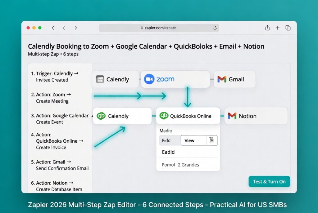 Zapier 2026 multi-step Zap editor showing 6 connected steps: Calendly booking → Zoom meeting → Google Calendar → QuickBooks invoice → Gmail confirmation → Notion log