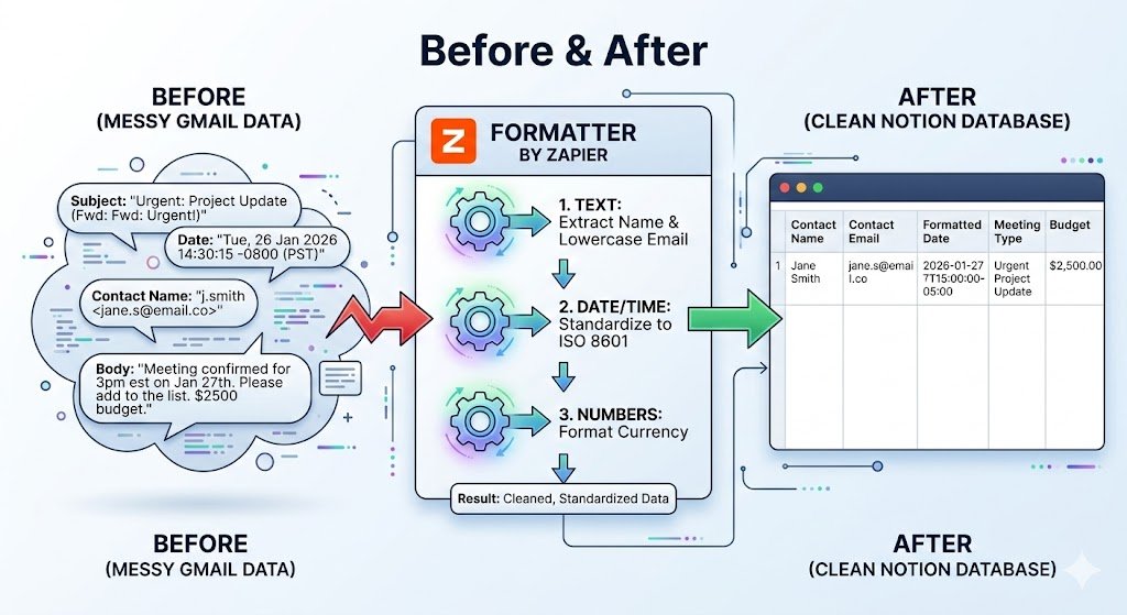 The 2026 Guide to Fix Zapier Errors & How to Fix “Task Held” 3 A "Before & After" diagram showing messy Gmail data being cleaned by Formatter before entering a Notion Database