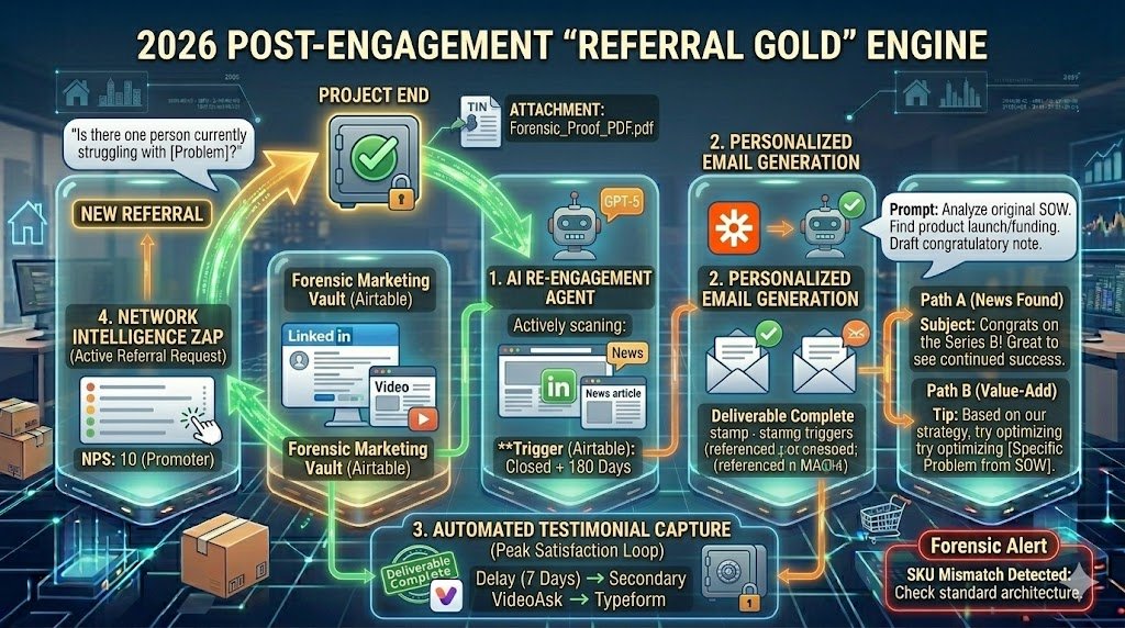 A circular diagram showing a 'Project End' icon flowing into 'AI News Monitor', then 'Personalized Email', and finally a 'New Referral' icon, symbolizing the infinite loop of engagement.