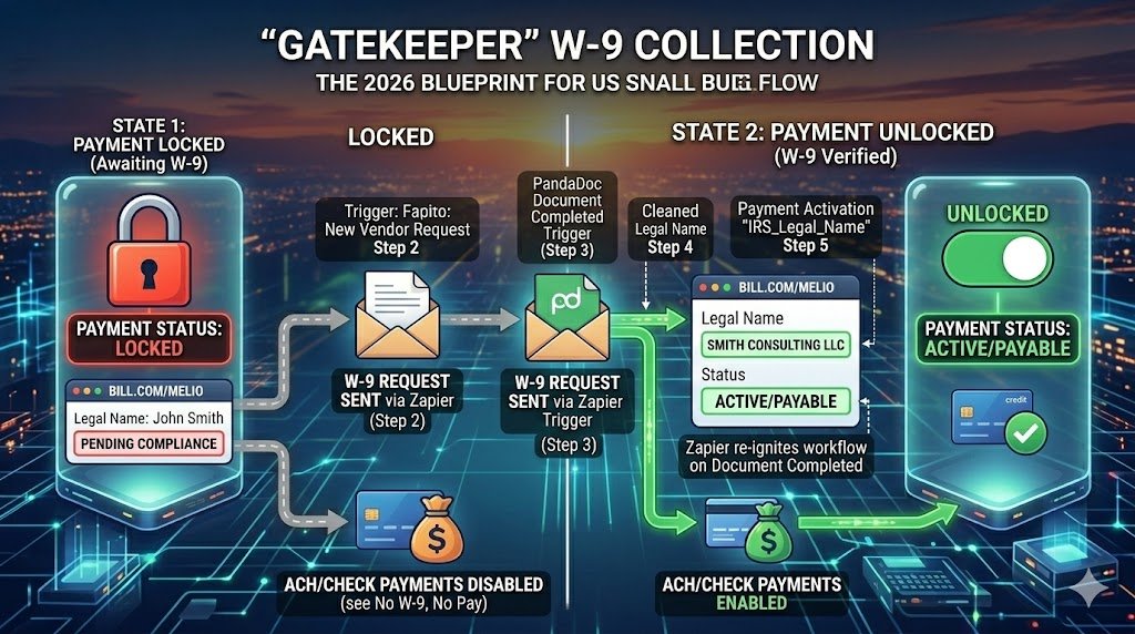 IRS-Compliant 1099 Tracking: The 2026 Automation Blueprint 2 A flow diagram showing a "Locked" payment icon turning "Unlocked" once a PandaDoc signature is detected