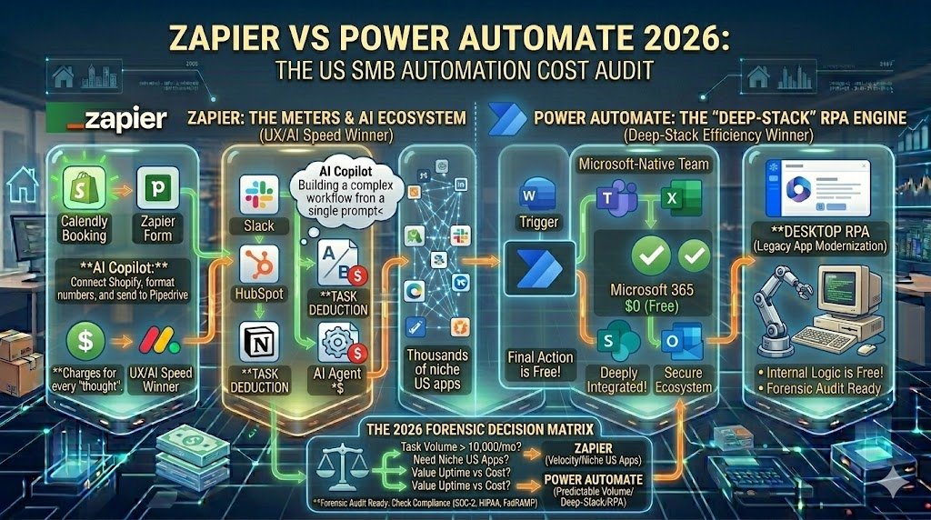 Zapier vs Microsoft Power Automate 2026 – Honest Comparison for US SMBs 2 A high-contrast visual contrasting a 'Zapier-orchestrated' office (many diverse glowing app icons like Slack, Shopify, HubSpot) against a 'Microsoft-native' office (deeply integrated Teams, Excel, and Outlook icons), connected by a glowing 'Logic Bridge