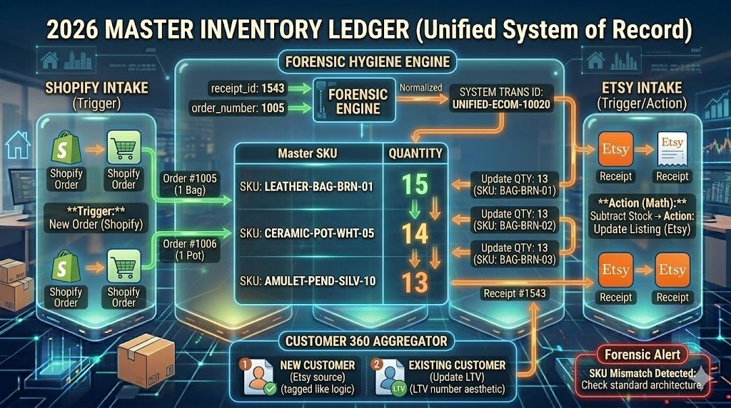A high-tech dashboard showing a 'Master SKU' table where quantities are ticking down in real-time as 'Shopify' and 'Etsy' order icons flash