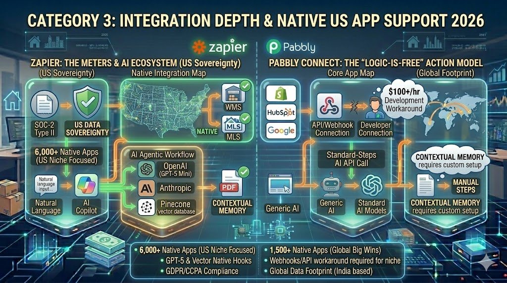 Zapier vs. Pabbly Connect 2026 4 A map showing Zapier's dense 'Native Integration' web covering thousands of US-specific apps, contrasted with Pabbly’s streamlined 'Core App' web focused on the top global platforms.