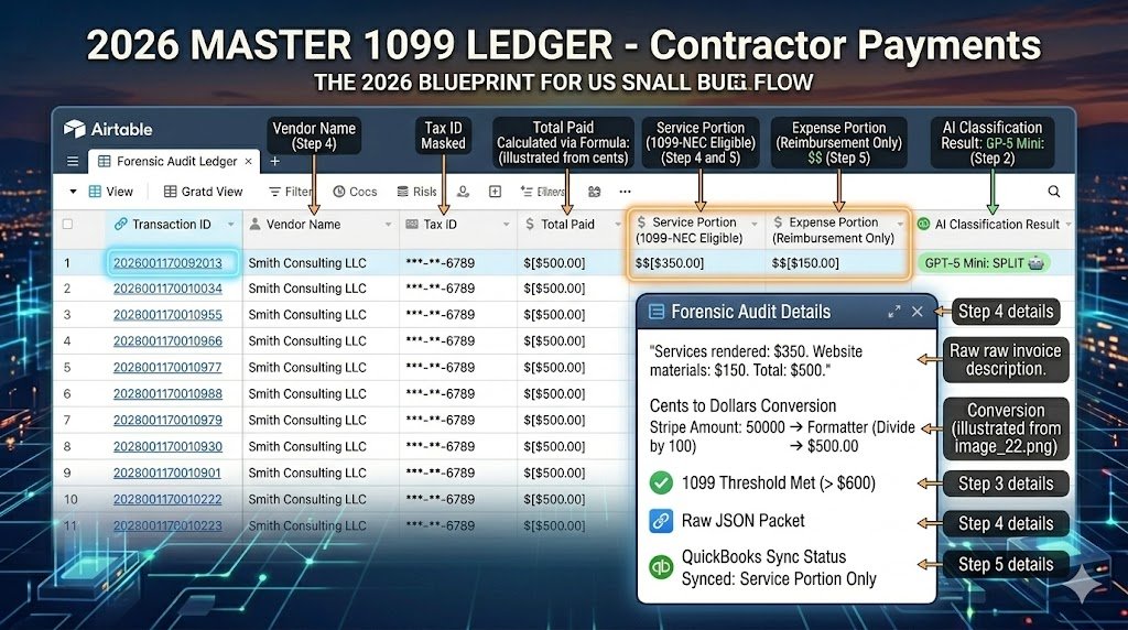 IRS-Compliant 1099 Tracking: The 2026 Automation Blueprint 3 A screenshot of an Airtable "Master Ledger" with a column for "Service Fee" vs "Expense Reimbursement