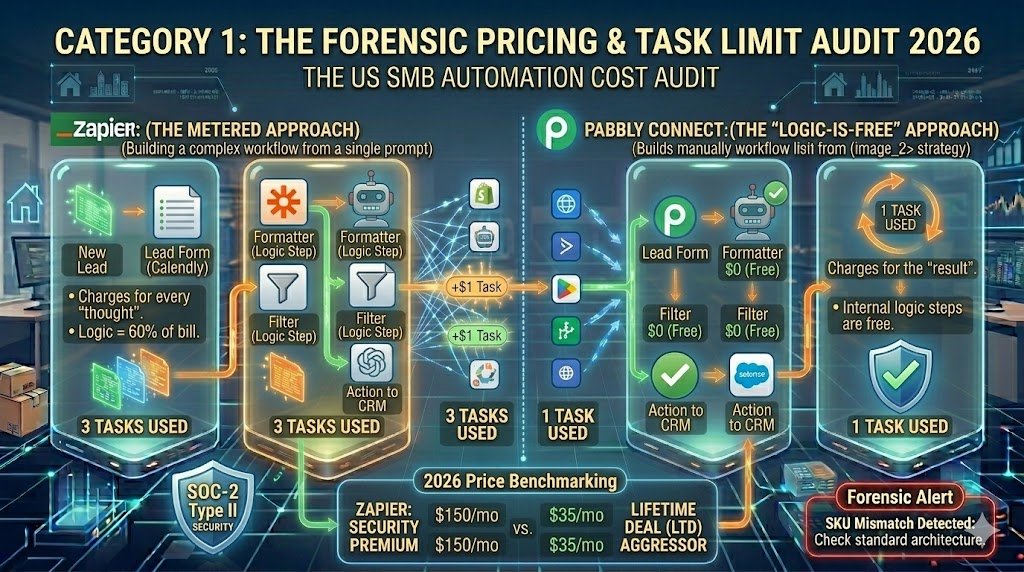 Zapier vs. Pabbly Connect 2026 2 A side-by-side comparison of two "Workflows." On the left, a Zapier flow shows "Task Deductions" at every step. On the right, a Pabbly flow shows "0 Tasks" for logic steps and only "1 Task" deducted at the end.