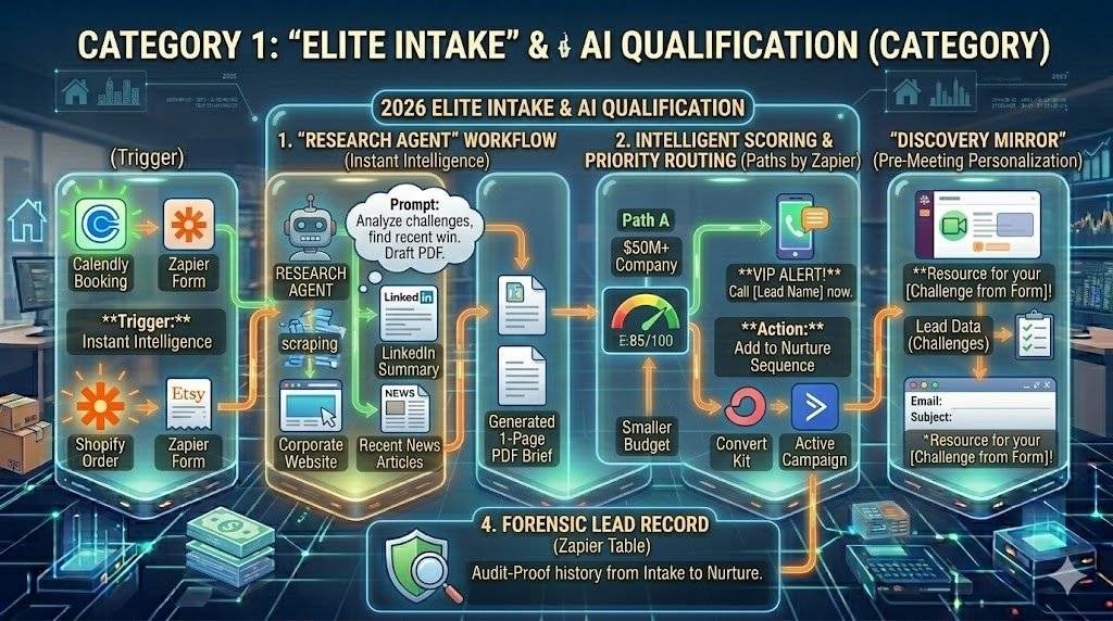 A sleek digital interface showing a lead's company logo, LinkedIn summary, and AI-generated 'Pain Points' appearing in a consultant's Slack channel instantly after a booking