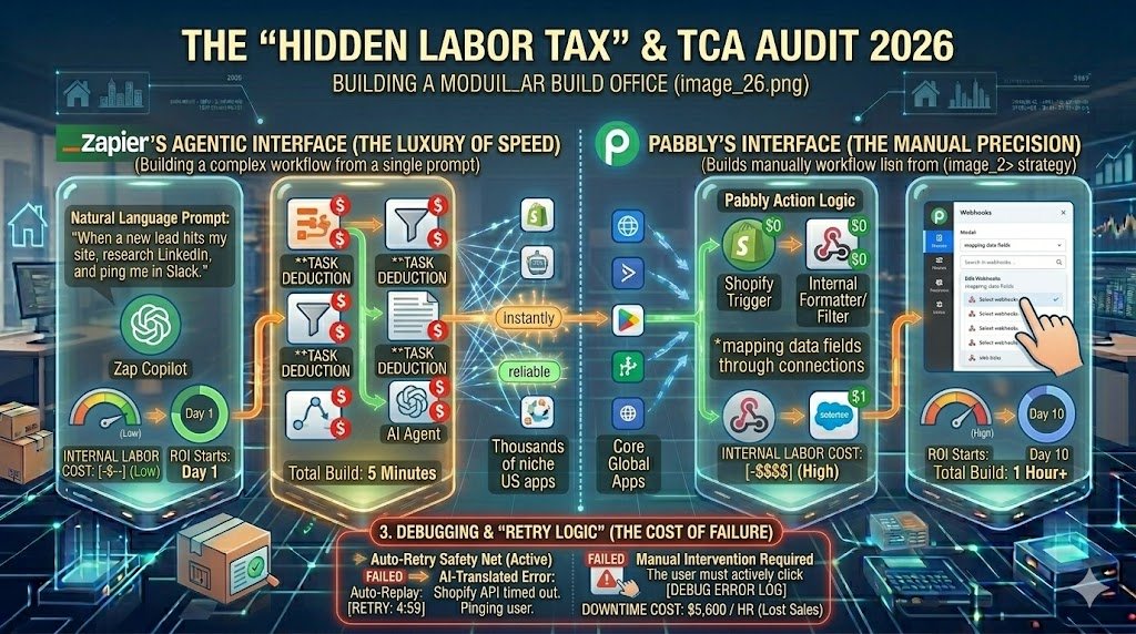Zapier vs. Pabbly Connect 2026 3 A split-screen comparison. On the left, a "Zapier AI Copilot" chat box builds a workflow from a single sentence. On the right, a "Pabbly Manual Builder" shows a user precisely mapping ten different data fields manually.