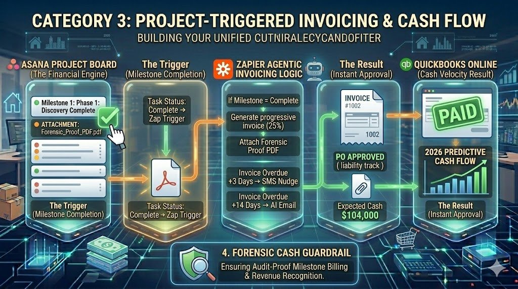 A split screen showing a 'Milestone Complete' checkmark in Asana on one side, and a 'Paid' invoice status in QuickBooks on the other, connected by a glowing Zapier data stream
