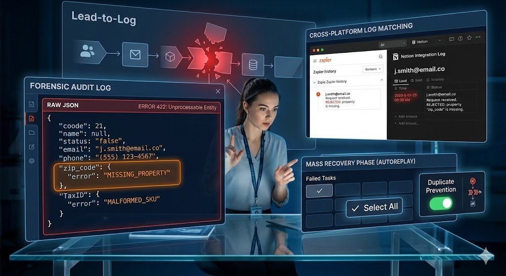 The 2026 Guide to Fix Zapier Errors & How to Fix “Task Held” 4 A split-screen view showing a Zapier 'Raw' JSON error message on the left and the corresponding 'Fix' in the Formatter step on the right