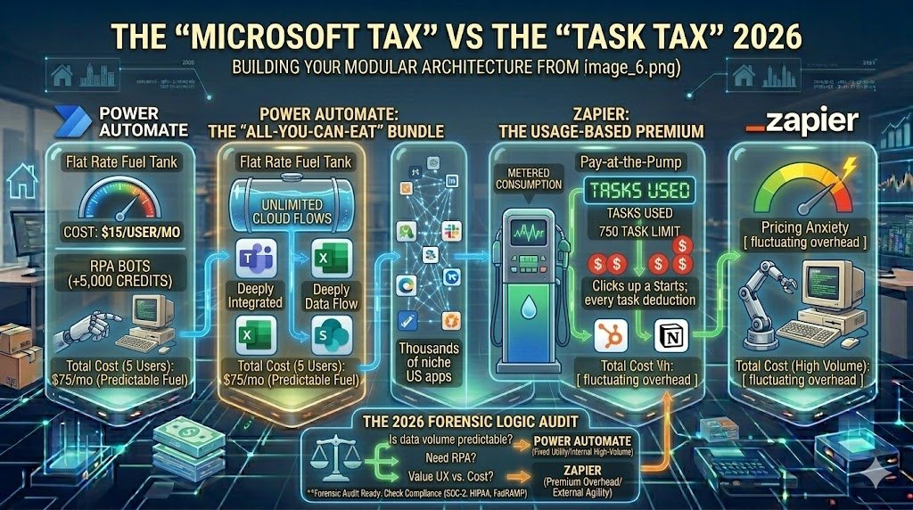 Zapier vs Microsoft Power Automate 2026 – Honest Comparison for US SMBs 3 A visual comparison of a 'Flat Rate' fuel tank (Power Automate) vs. a 'Pay-at-the-Pump' meter (Zapier), highlighting the predictable cost of the Microsoft stack versus the flexible, but usage-sensitive, Zapier model.