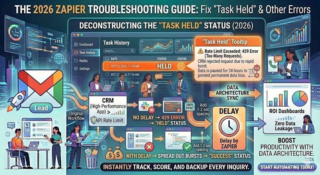 The 2026 Guide to Fix Zapier Errors & How to Fix “Task Held” 2 A visual of the Zapier Task History showing 'Held' status with a tooltip explaining 'Rate Limit Exceeded: 429 Error