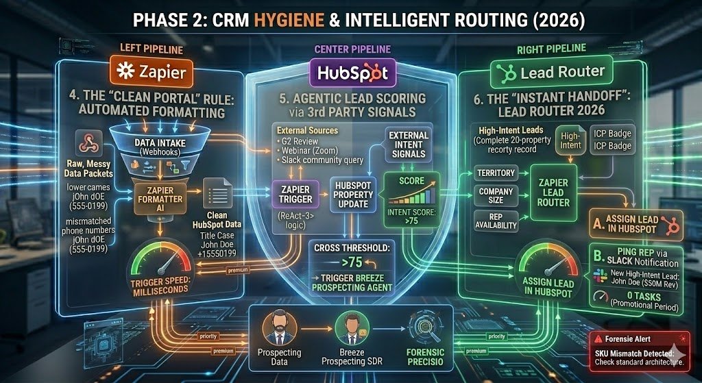 Data Cleaning' funnel showing 'Messy Input' (lowercase names, mismatched phone numbers) flowing into a 'Zapier Formatter' filter and emerging as 'Clean HubSpot Data' (Title Case, E.164 Phones