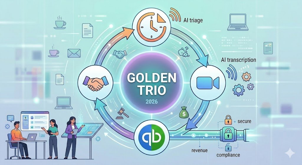 Calendly, Zoom, and QuickBooks logos in a circular 'Golden Trio' flow