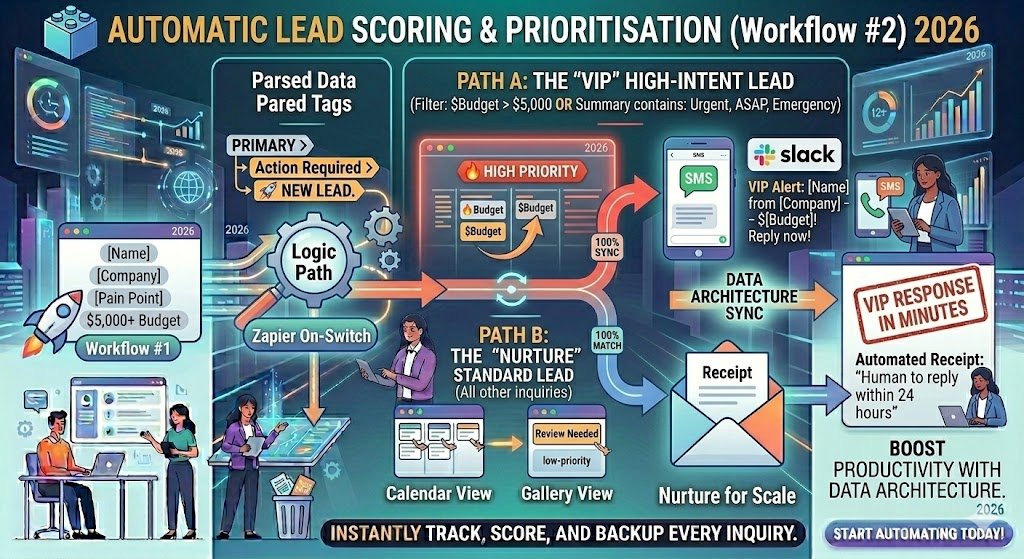 Decision Node" and splitting into VIP (Red Path) or Nurture (Blue Path)