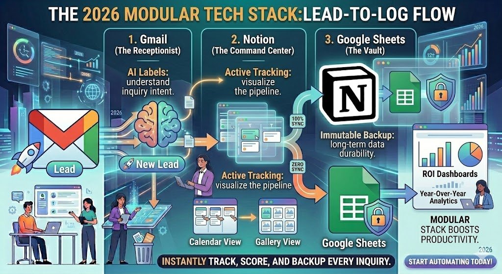 Gmail, Notion, and Google Sheets logos in a linear 'Lead-to-Log' flow