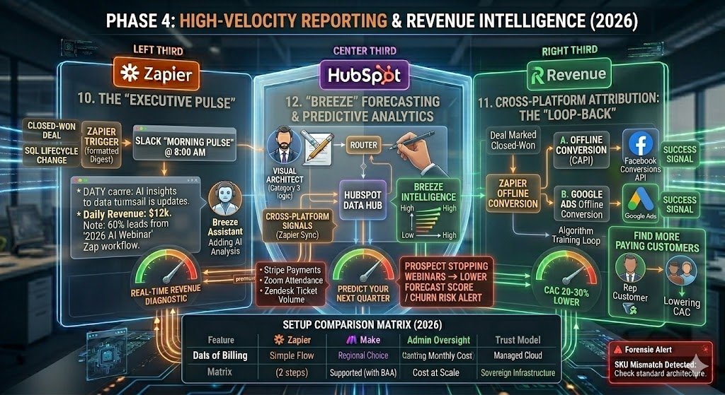 Revenue Feedback Loop' showing data flowing from HubSpot to Google Ads via Zapier, resulting in a 'Lower CAC' and 'Higher Quality Leads' icon.