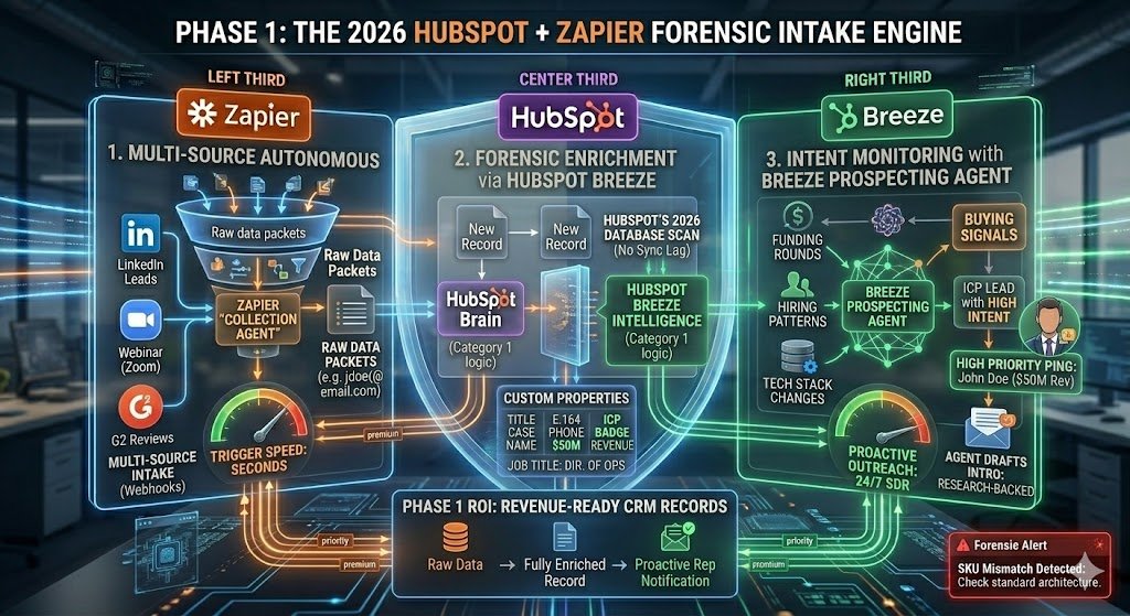 Lead Enrichment Pipeline' showing a simple email address entry point, passing through a 'Zapier/Breeze' filter, and expanding into a complete 20-property CRM record with a 'High-Intent' badge.