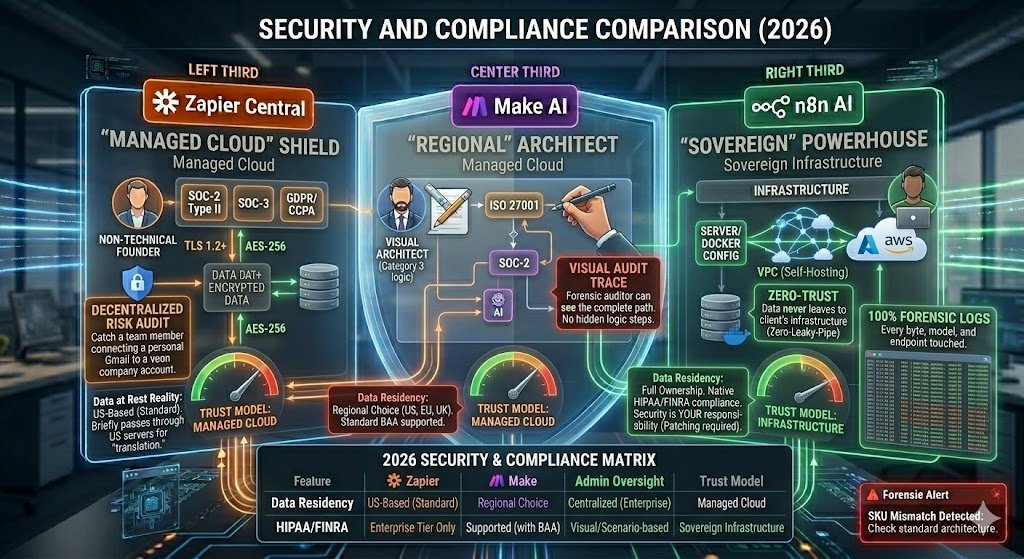Zapier AI Agents vs Make AI vs n8n AI 2026 – Which is Strongest? 5 Security, Compliance & The "Forensic" Audit