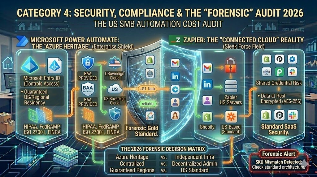 Zapier vs Microsoft Power Automate 2026 – Honest Comparison for US SMBs 6 A high-tech 'Security Shield' split in two. The left side (Microsoft) is built of heavy industrial armor labeled 'HIPAA/FedRAMP compliant'. The right side (Zapier) is a sleek, modern force field labeled 'SOC-2/GDPR ready', illustrating the difference between 'Deep Enterprise Compliance' and 'Standard SaaS Security'