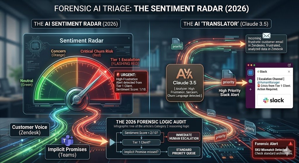 Zapier Claude and Chatgpt Automations: 12 Best Examples for US Businesses 3 Sentiment Radar' dashboard showing a needle swinging between 'Neutral' and 'Crisis' (Red). Above it, a Claude 3.5 icon 'translates' a frustrated email into a prioritized Slack alert for a human manager.