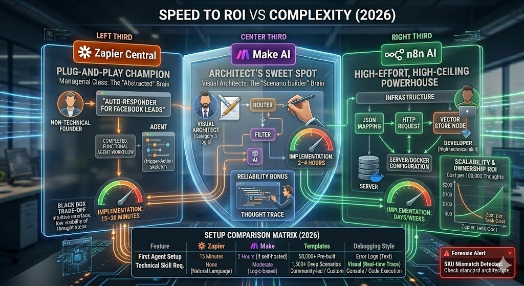 Zapier AI Agents vs Make AI vs n8n AI 2026 – Which is Strongest? 3 Speed to ROI vs. Complexity