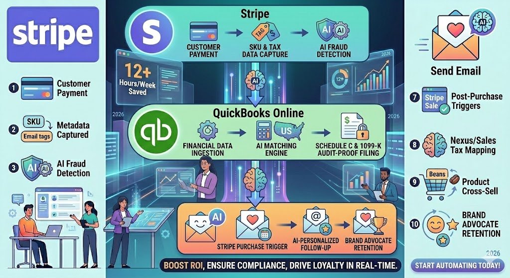 Stripe, QuickBooks, and an Email icon in a circular 'Golden Trio' flow