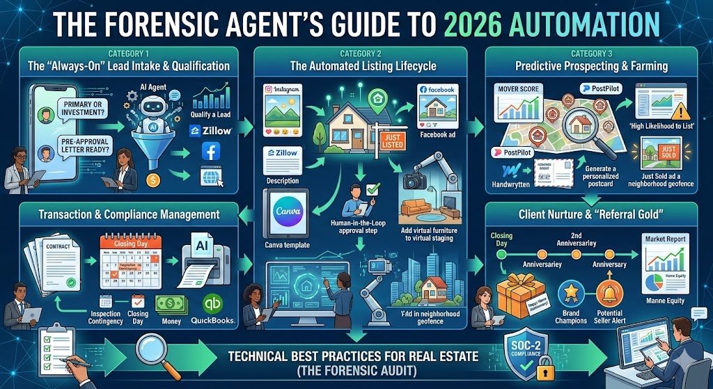 The modern illustration features five labeled panels connected by flow arrows, detailing the automation journey from lead intake to client nurture