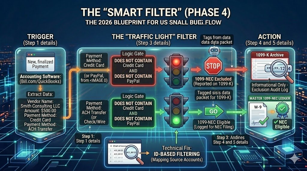 IRS-Compliant 1099 Tracking: The 2026 Automation Blueprint 5 Traffic Light" diagram showing Credit Card payments hitting a Red Light (Filtered Out) and ACH payments hitting a Green Light (Logged for 1099-NEC)
