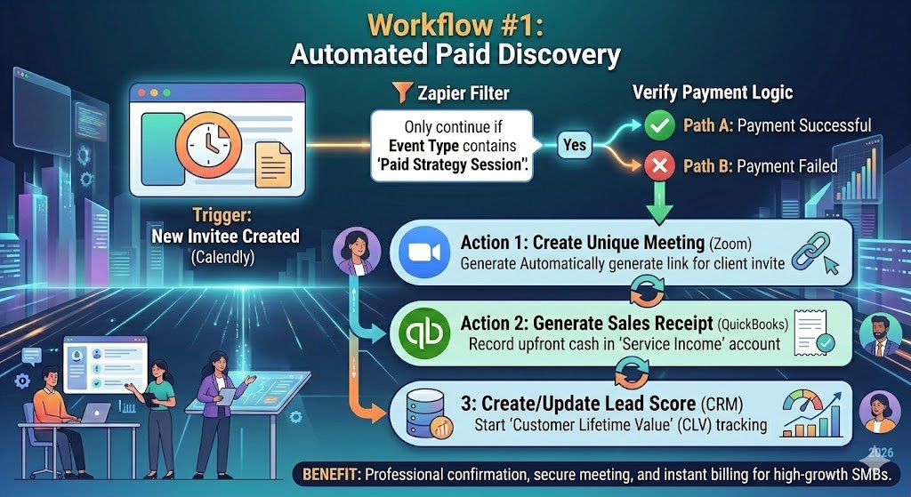 a step-by-step Zapier flow: Calendly → Filter → Zoom → QuickBooks